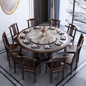 Bàn ăn bằng đá phiến sáng màu kiểu Trung Quốc mới toàn bộ bằng gỗ nguyên khối sáng màu gia dụng sang trọng Bàn tròn lớn 1,8m với bàn ăn tròn xoay