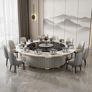 Bàn Ăn Đá phiến khách sạn điện xoay 2 mét bàn tròn lớn cao cấp 15 người 20 người bàn lẩu gỗ đặc bàn ăn khách sạn biệt thự