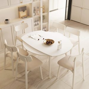 Bàn ăn đá phiến trắng tinh khiết có thể thu vào gấp tại nhà màu kem phong cách đơn giản đa chức năng vuông tròn đa năng bàn tròn biến đổi