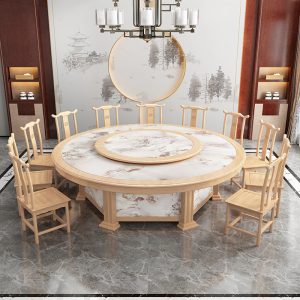 Bàn ăn điện giả đá cẩm thạch giả gỗ của khách sạn Trung Quốc dành cho 20 người doanh nhân với lẩu khách sạn bàn đá đĩa bàn tròn lớn - Hình 3