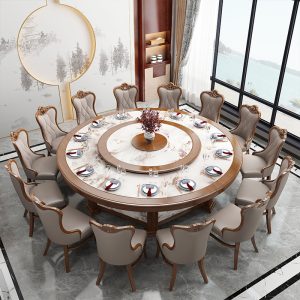 Bàn ăn điện giả đá cẩm thạch giả gỗ của khách sạn Trung Quốc dành cho 20 người doanh nhân với lẩu khách sạn bàn đá đĩa bàn tròn lớn
