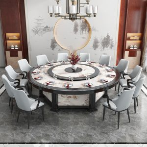 Bàn ăn điện giả đá cẩm thạch giả gỗ của khách sạn Trung Quốc dành cho 20 người doanh nhân với lẩu khách sạn bàn đá đĩa bàn tròn lớn - Hình 4