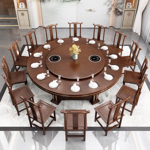 Bàn ăn điện khách sạn có bếp từ cho 20 người hộp khách sạn bàn tròn lớn kiểu Trung Quốc mới kết hợp bàn lẩu gỗ nguyên khối và ghế - Hình 2