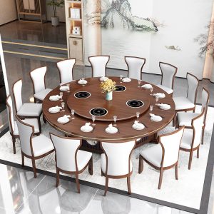Bàn ăn điện khách sạn có bếp từ cho 20 người hộp khách sạn bàn tròn lớn kiểu Trung Quốc mới kết hợp bàn lẩu gỗ nguyên khối và ghế - Hình 3