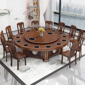 Bàn ăn điện khách sạn có bếp từ cho 20 người hộp khách sạn bàn tròn lớn kiểu Trung Quốc mới kết hợp bàn lẩu gỗ nguyên khối và ghế