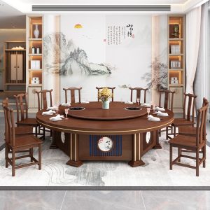 Bàn ăn điện khách sạn có bếp từ cho 20 người hộp khách sạn bàn tròn lớn kiểu Trung Quốc mới kết hợp bàn lẩu gỗ nguyên khối và ghế - Hình 4