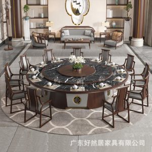 Bàn ăn điện kiểu Trung Quốc mới khách sạn bàn tròn lớn 20 người khách sạn bàn gỗ nguyên khối câu lạc bộ nhà hàng đá tấm bàn lẩu
