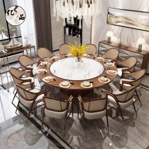 Bàn ăn gỗ chắc chắn phong cách Trung Quốc mới và ghế khách sạn hộp điện bàn tròn lớn 20 người sang trọng đơn giản câu lạc bộ bàn lẩu bán buôn