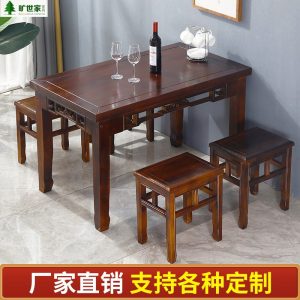 Bàn ăn gỗ đặc và ghế nhà hàng mì ăn sáng trang trại cacbon hóa cổ chạm khắc khách sạn khách sạn thức ăn nhanh Bàn dài - Hình 2