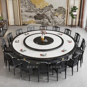 Bàn ăn khách sạn bàn tròn điện lớn gỗ đặc có bàn xoay 20 người hộp khách sạn kết hợp bàn ăn và ghế đá tấm đá Trung Quốc mới - Hình 2