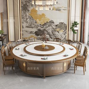 Bàn ăn khách sạn bàn tròn điện lớn gỗ đặc có bàn xoay 20 người hộp khách sạn kết hợp bàn ăn và ghế đá tấm đá Trung Quốc mới - Hình 3