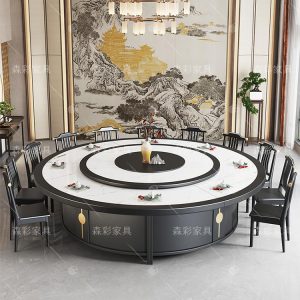 Bàn ăn khách sạn bàn tròn điện lớn gỗ đặc có bàn xoay 20 người hộp khách sạn kết hợp bàn ăn và ghế đá tấm đá Trung Quốc mới