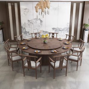Bàn ăn Khách sạn điện bàn tròn lớn kiểu Trung Quốc mới bàn ăn bằng gỗ nguyên khối và ghế câu lạc bộ nhà hàng hộp 10 người 15 người Bàn lẩu 20 người - Hình 3