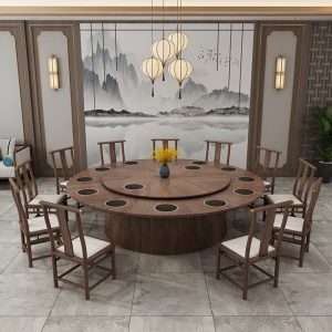 Bàn ăn Khách sạn điện bàn tròn lớn kiểu Trung Quốc mới bàn ăn bằng gỗ nguyên khối và ghế câu lạc bộ nhà hàng hộp 10 người 15 người Bàn lẩu 20 người