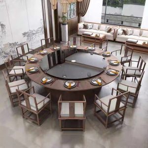 Bàn ăn Khách sạn điện bàn tròn lớn kiểu Trung Quốc mới bàn ăn bằng gỗ nguyên khối và ghế câu lạc bộ nhà hàng hộp 10 người 15 người Bàn lẩu 20 người - Hình 4