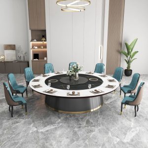 Bàn Ăn Khách sạn đơn giản sang trọng bàn ăn điện tấm đá xoay tự động với bếp từ bàn tròn lớn bàn lẩu gỗ đặc cho 20 người - Hình 2