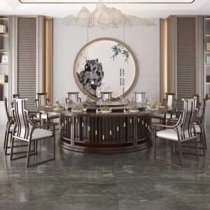 Bàn ăn khách sạn phong cách Trung Quốc mới bàn tròn lớn 10 người 15 người 20 người câu lạc bộ hộp gỗ rắn bàn lẩu quay điện - Hình 2