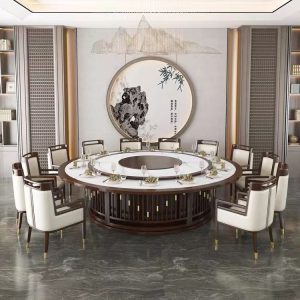 Bàn ăn khách sạn phong cách Trung Quốc mới bàn tròn lớn 10 người 15 người 20 người câu lạc bộ hộp gỗ rắn bàn lẩu quay điện - Hình 3