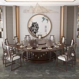 Bàn ăn khách sạn phong cách Trung Quốc mới bàn tròn lớn 10 người 15 người 20 người câu lạc bộ hộp gỗ rắn bàn lẩu quay điện
