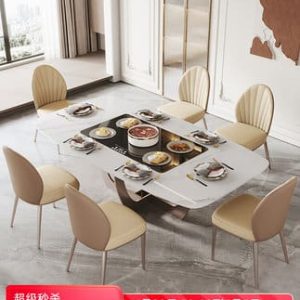 Bàn ăn mặt đá sáng bóng sang trọng hiện đại hình chữ nhật cho gia đình nhỏ căn hộ nhỏ tích hợp sẵn ấm chén bàn ăn bếp từ cao cấp
