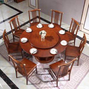 Bàn Ăn Phong cách Trung Quốc mới tất cả bàn ăn bằng gỗ nguyên khối và ghế kết hợp 8 người 10 người bàn tròn lớn bàn ăn tròn gia đình đơn giản với bàn xoay - Hình 3