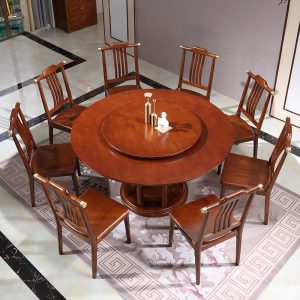 Bàn Ăn Phong cách Trung Quốc mới tất cả bàn ăn bằng gỗ nguyên khối và ghế kết hợp 8 người 10 người bàn tròn lớn bàn ăn tròn gia đình đơn giản với bàn xoay - Hình 4