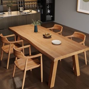 Bàn ăn phong cách Wabi Sabi – Thiết kế gỗ nguyên khối hình chữ nhật, phù hợp quán cafe và phong cách Mỹ cổ điển