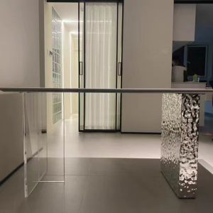 Bàn ăn phong cách Ý bằng thép không gỉ acrylic gợn sóng nước lơ lửng phiến đá bàn ăn gia đình bàn ghế ăn bằng đá cẩm thạch tự nhiên - Hình 3