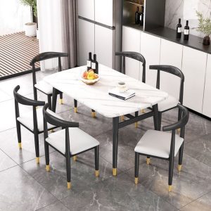 Bàn ăn sang trọng nhẹ bàn ăn gia đình bàn ăn đơn giản hiện đại và ghế kết hợp chữ nhật dày giả đá cẩm thạch bàn ăn màu đỏ - Hình 2