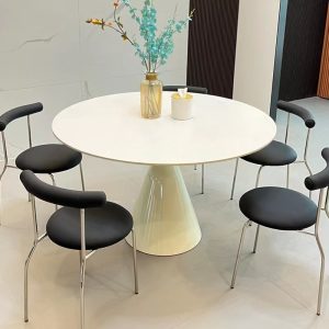 Bàn ăn tròn Bắc Âu Bộ bàn ghế ăn Holy Grail hiện đại phòng nhỏ gia đình phong cách kem đơn giản Bàn tròn nhỏ Bàn ăn lưới màu đỏ - Hình 3