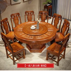 Bàn ăn tròn bằng gỗ nguyên khối chạm khắc gỗ sồi bàn tròn lớn bàn ăn gia đình 10 người bàn ăn cổ kiểu Trung Quốc và ghế