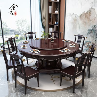 Bàn ăn tròn gỗ nguyên khối – Bàn xoay 10 người, thiết kế kiểu Trung Quốc cho phòng khách, hộ gia đình Bàn ăn tròn gỗ nguyên khối – Bàn xoay 10 người, thiết kế kiểu Trung Quốc cho phòng khách, hộ gia đình