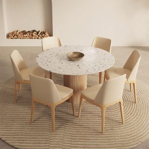 Bàn ăn tròn terrazzo phong cách kem kiểu Pháp hiện đại đơn giản hộ gia đình gia đình 6 người kết hợp bàn ăn gỗ đặc và ghế