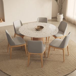 Bàn ăn tròn terrazzo phong cách kem kiểu Pháp hiện đại đơn giản hộ gia đình gia đình 6 người kết hợp bàn ăn gỗ đặc và ghế - Hình 4