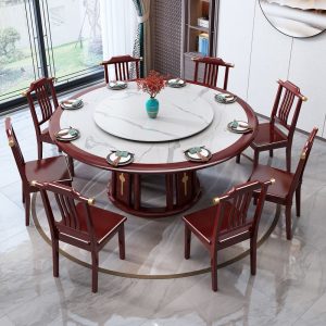 Bàn ăn và ghế đá bằng gỗ nguyên khối phong cách Trung Quốc mới kết hợp với bàn xoay bàn ăn khách sạn bàn ăn gia đình ánh sáng sang trọng bàn tròn lớn gia đình