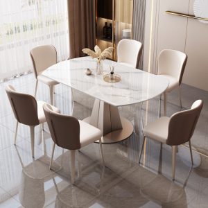 Bàn ăn và ghế đá sang trọng nhẹ kết hợp hiện đại tối giản gia đình có thể xoay tròn bàn ăn gia đình hình tròn - Hình 2