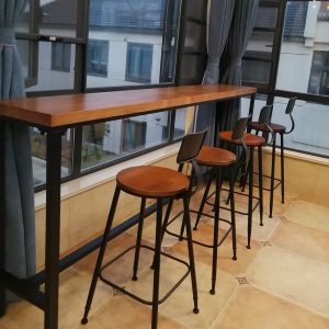 Bàn bar sắt rèn gỗ đặc chân cao ban công cafe Bàn ăn dài quán trà sữa áp tường nhà Bàn ghế - Hình 2