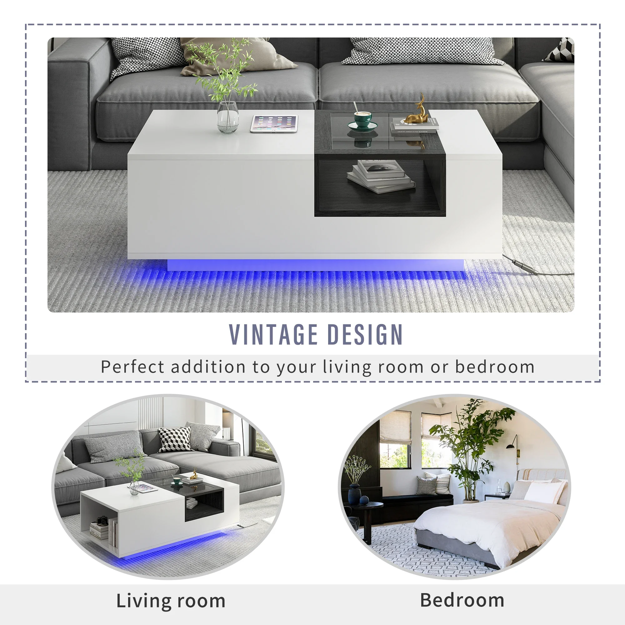 Bàn cà phê LED có kệ trưng bày mở Bàn trung tâm hiện đại Nội thất tạo điểm nhấn cho phòng khách Trắng/Đen - Hình 3 Bàn cà phê LED có kệ trưng bày mở Bàn trung tâm hiện đại Nội thất tạo điểm nhấn cho phòng khách Trắng/Đen - Hình 3