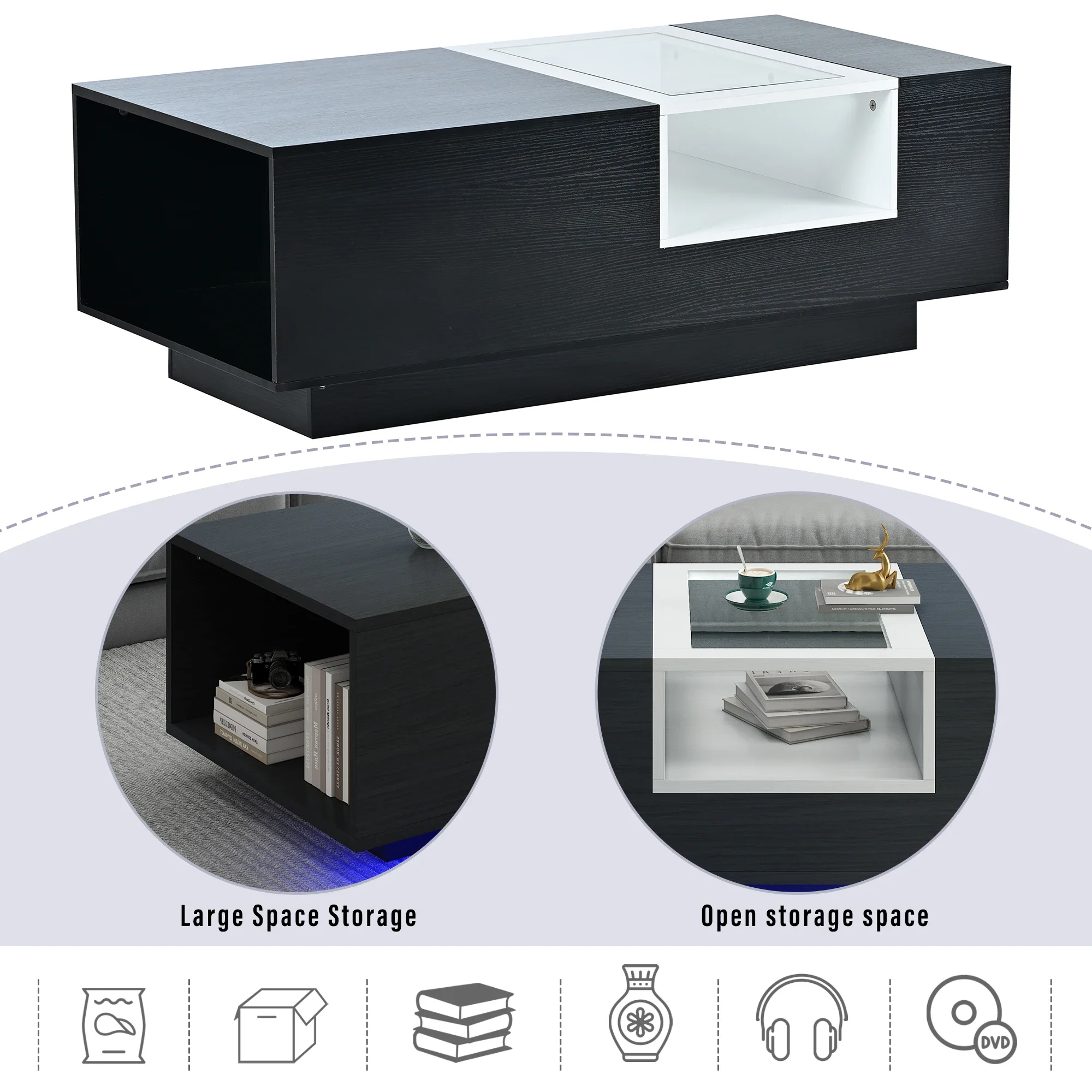 Bàn cà phê LED có kệ trưng bày mở Bàn trung tâm hiện đại Nội thất tạo điểm nhấn cho phòng khách Trắng/Đen - Hình 4 Bàn cà phê LED có kệ trưng bày mở Bàn trung tâm hiện đại Nội thất tạo điểm nhấn cho phòng khách Trắng/Đen - Hình 4