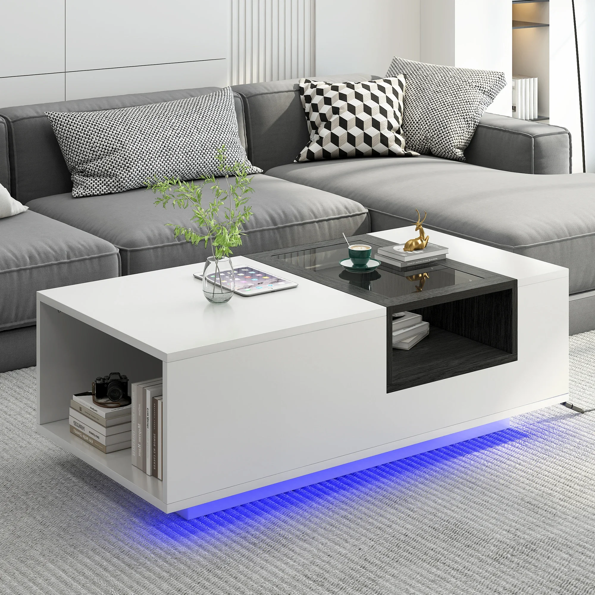 Bàn cà phê LED có kệ trưng bày mở Bàn trung tâm hiện đại Nội thất tạo điểm nhấn cho phòng khách Trắng/Đen Bàn cà phê LED có kệ trưng bày mở Bàn trung tâm hiện đại Nội thất tạo điểm nhấn cho phòng khách Trắng/Đen