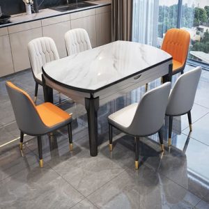 Bàn ghế ăn bằng đá phiến nguyên khối kết hợp bàn ghế hiện đại tối giản biến hình tròn có thể thu vào gấp lại cho căn hộ chung cư nhỏ