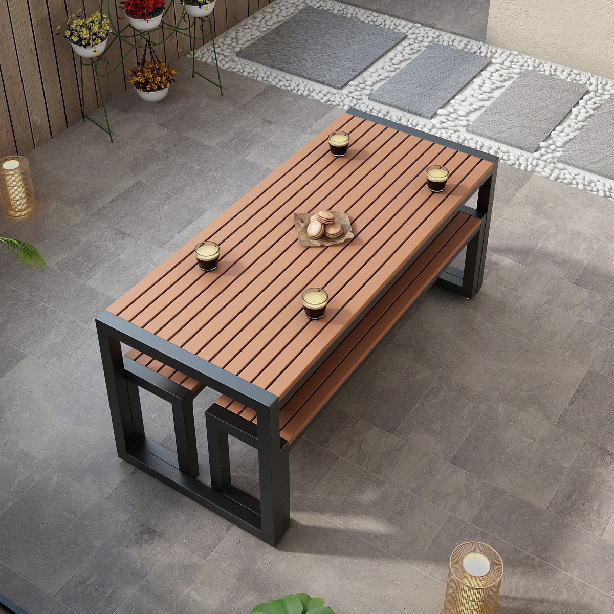 Bàn ghế ăn gỗ nhựa ngoài trời kiểu Mỹ cafe sân vườn giải trí ăn tối nhiều người quán trà sữa Bàn sắt rèn ngoài trời - Hình 4 Bàn ghế ăn gỗ nhựa ngoài trời kiểu Mỹ cafe sân vườn giải trí ăn tối nhiều người quán trà sữa Bàn sắt rèn ngoài trời - Hình 4