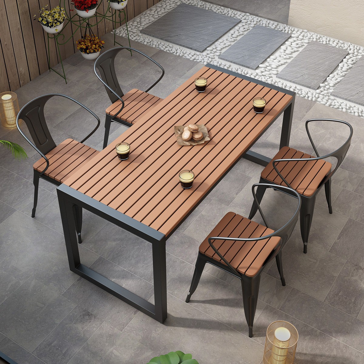 Bàn ghế ăn gỗ nhựa ngoài trời kiểu Mỹ cafe sân vườn giải trí ăn tối nhiều người quán trà sữa Bàn sắt rèn ngoài trời Bàn ghế ăn gỗ nhựa ngoài trời kiểu Mỹ cafe sân vườn giải trí ăn tối nhiều người quán trà sữa Bàn sắt rèn ngoài trời