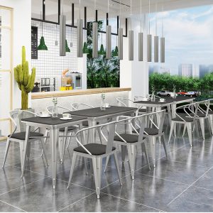 Bàn ghế Công nghiệp gió đá bảng Bàn ghế Bàn ăn quầy bar cafe bar sắt bạc 1 Bàn 4 ghế - Hình 4