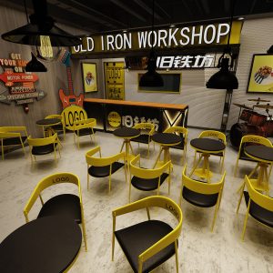 Bàn ghế Công nghiệp Wind Tavern Quán trà sữa Bàn ghế Net Red Creative Ghế sắt mỹ thuật màu vàng Bộ bàn trà hình tròn của quán cà phê - Hình 4