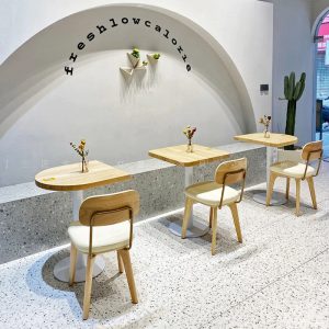 Bàn ghế Log gió quán trà sữa tươi nhỏ Bàn ghế lưới màu đỏ cửa hàng tráng miệng ins Bàn quán cà phê ghế giải trí thương mại