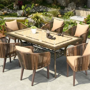 Bàn ghế ngoài trời sân nhôm đúc cho sân vườn và giải trí mây ngoại thất bàn dài đơn giản - Hình 2