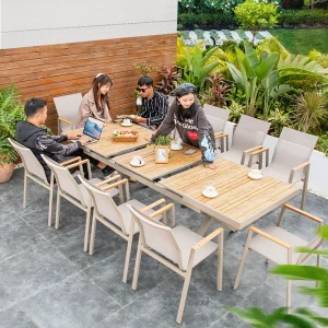 Bàn ghế ngoài trời sân vườn, sân thượng gỗ nhựa nội thất biệt thự sắt rèn Bắc Âu đơn giản ngoài trời giải trí bàn dài có thể thu vào.
