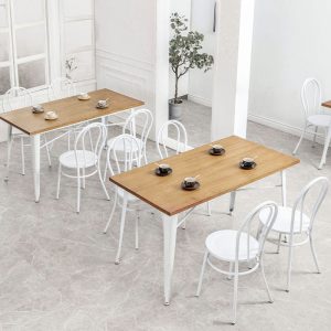 Bàn ghế nổi tiếng ins cửa hàng tráng miệng Bàn ghế gỗ đặc ghế trà sữa lưng ghế sắt rèn quán cà phê phong cách công nghiệp Bàn ăn màu trắng - Hình 4