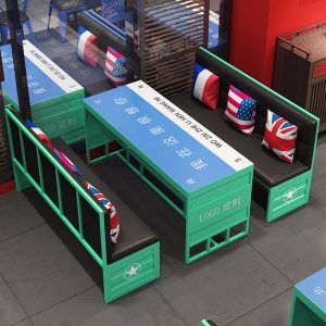 Bàn ghế Phong cách công nghiệp ghế sofa quầy bar Bàn ghế thanh lưới sáng tạo Bàn gỗ nguyên khối màu đỏ quán cà phê nhà hàng quán cà phê - Hình 4